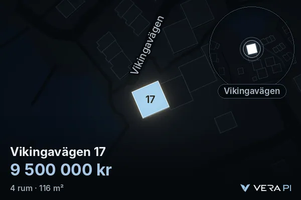 VERA PI:s bild av Vikingavägen 17: huset i 3D, upplyst i blått, och kartan runt omkring