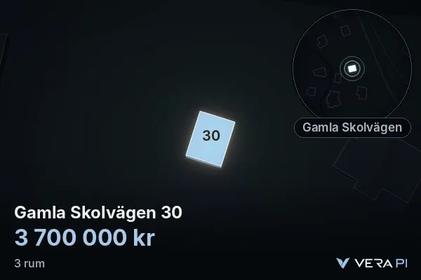 VERA PI:s bild av Gamla Skolvägen 30: huset i 3D, upplyst i blått, och kartan runt omkring