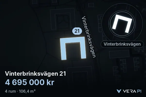 VERA PI:s bild av Vinterbrinksvägen 21: huset i 3D, upplyst i blått, och kartan runt omkring