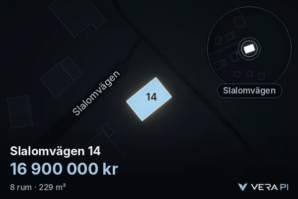 VERA PI:s bild av Slalomvägen 14: huset i 3D, upplyst i blått, och kartan runt omkring