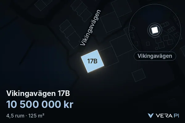 VERA PI:s bild av Vikingavägen 17B: huset i 3D, upplyst i blått, och kartan runt omkring