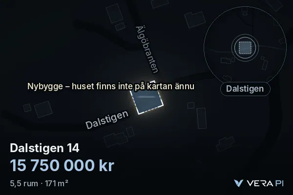 VERA PI:s bild av Dalstigen 14: huset i 3D, upplyst i blått, och kartan runt omkring