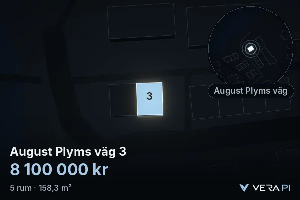 VERA PI:s bild av August Plyms väg 3: huset i 3D, upplyst i blått, och kartan runt omkring