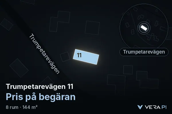 VERA PI:s bild av Trumpetarevägen 11: huset i 3D, upplyst i blått, och kartan runt omkring