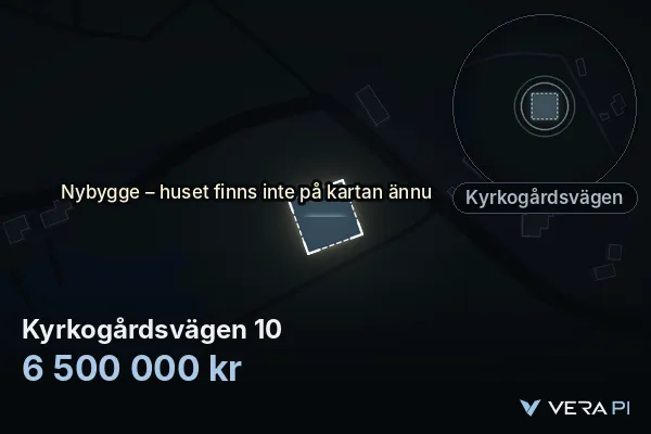 VERA PI:s bild av Kyrkogårdsvägen 10: huset i 3D, upplyst i blått, och kartan runt omkring