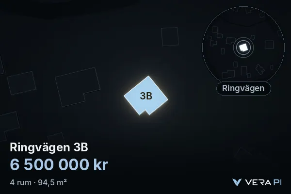 VERA PI:s bild av Ringvägen 3B: huset i 3D, upplyst i blått, och kartan runt omkring