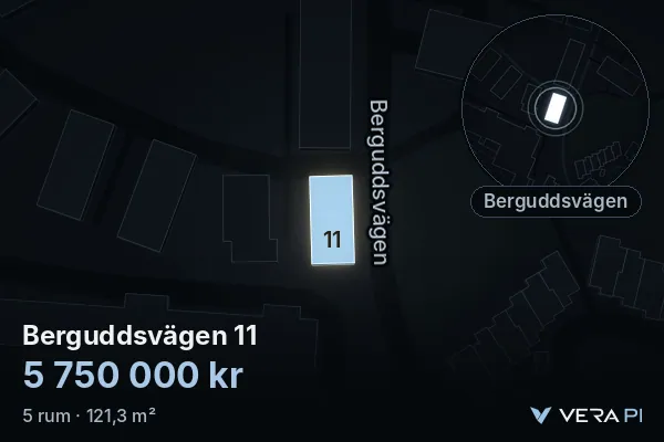 VERA PI:s bild av Berguddsvägen 11: huset i 3D, upplyst i blått, och kartan runt omkring
