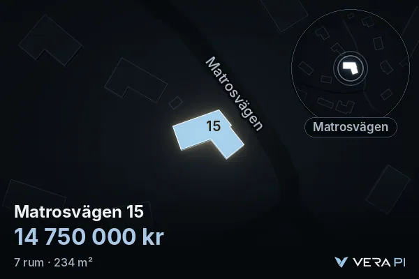 VERA PI:s bild av Matrosvägen 15: huset i 3D, upplyst i blått, och kartan runt omkring