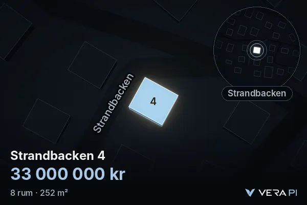 VERA PI:s bild av Strandbacken 4: huset i 3D, upplyst i blått, och kartan runt omkring