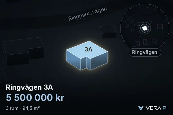 VERA PI's image of Ringvägen 3A: the building in 3D, lit in blue, and the map around it