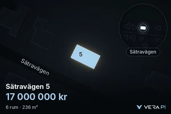 VERA PI:s bild av Sätravägen 5: huset i 3D, upplyst i blått, och kartan runt omkring