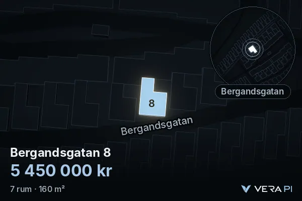 VERA PI:s bild av Bergandsgatan 8: huset i 3D, upplyst i blått, och kartan runt omkring