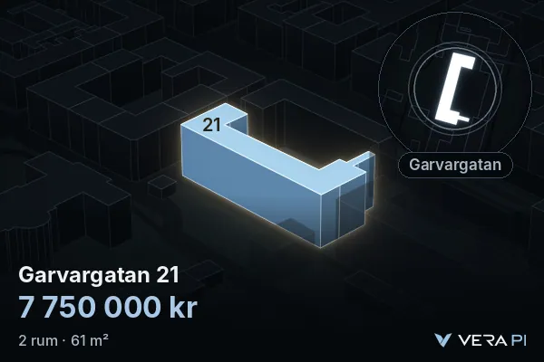 VERA PI's image of Garvargatan 21: the building in 3D, lit in blue, and the map around it