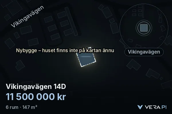 VERA PI:s bild av Vikingavägen 14D: huset i 3D, upplyst i blått, och kartan runt omkring