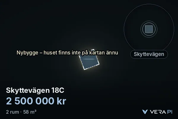 VERA PI:s bild av Skyttevägen 18C: huset i 3D, upplyst i blått, och kartan runt omkring