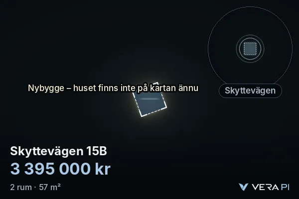 VERA PI:s bild av Skyttevägen 15B: huset i 3D, upplyst i blått, och kartan runt omkring