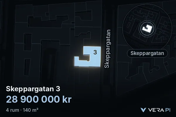 VERA PI:s bild av Skeppargatan 3: huset i 3D, upplyst i blått, och kartan runt omkring
