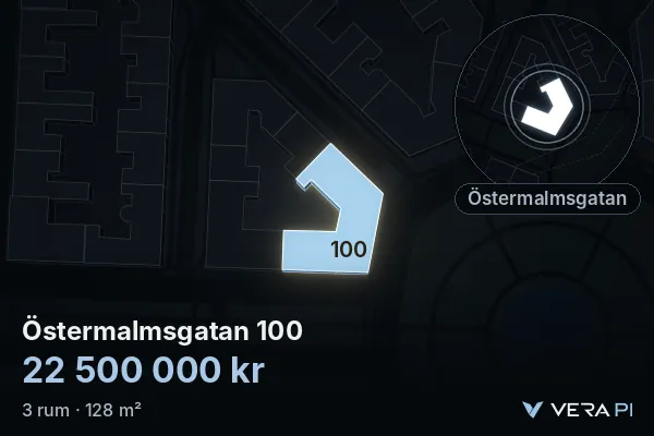 VERA PI:s bild av Östermalmsgatan 100: huset i 3D, upplyst i blått, och kartan runt omkring