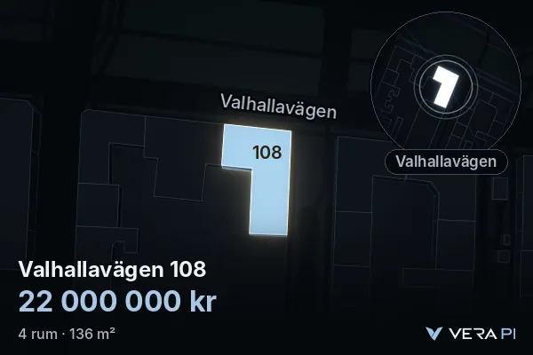 VERA PI:s bild av Valhallavägen 108: huset i 3D, upplyst i blått, och kartan runt omkring