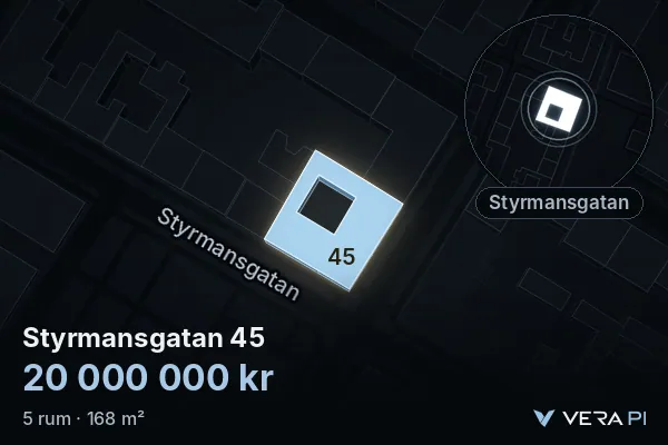 VERA PI:s bild av Styrmansgatan 45: huset i 3D, upplyst i blått, och kartan runt omkring
