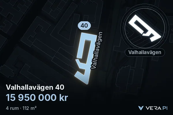 VERA PI:s bild av Valhallavägen 40: huset i 3D, upplyst i blått, och kartan runt omkring