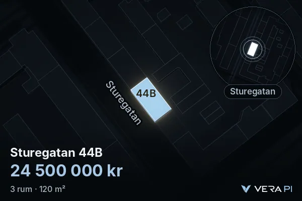 VERA PI:s bild av Sturegatan 44B: huset i 3D, upplyst i blått, och kartan runt omkring