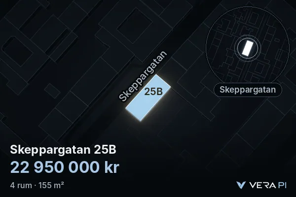 VERA PI:s bild av Skeppargatan 25B: huset i 3D, upplyst i blått, och kartan runt omkring