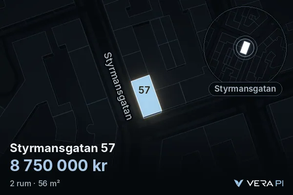 VERA PI:s bild av Styrmansgatan 57: huset i 3D, upplyst i blått, och kartan runt omkring