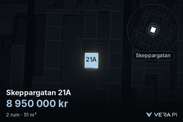 VERA PI:s bild av Skeppargatan 21A: huset i 3D, upplyst i blått, och kartan runt omkring