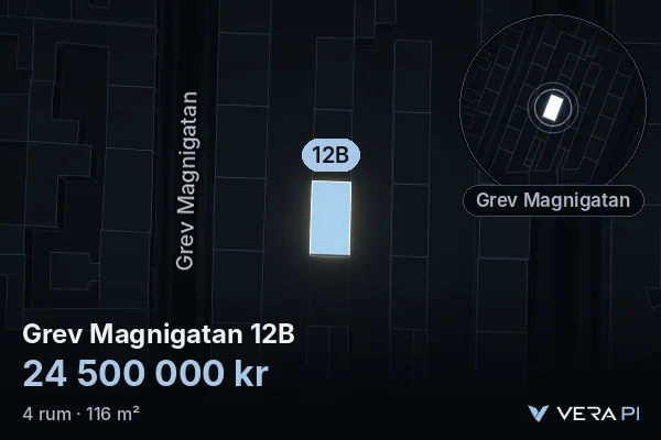VERA PI:s bild av Grev Magnigatan 12B: huset i 3D, upplyst i blått, och kartan runt omkring