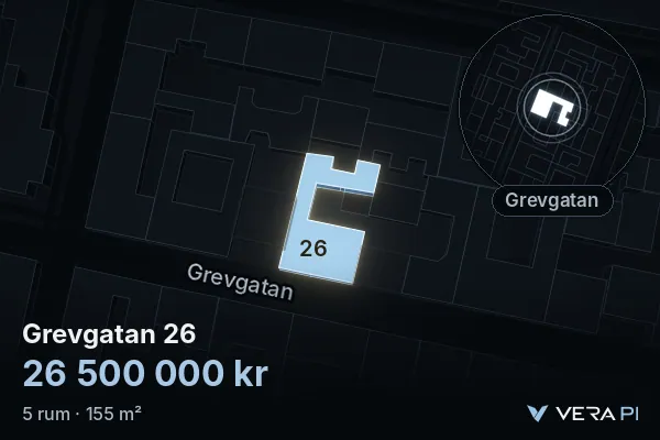 VERA PI:s bild av Grevgatan 26: huset i 3D, upplyst i blått, och kartan runt omkring