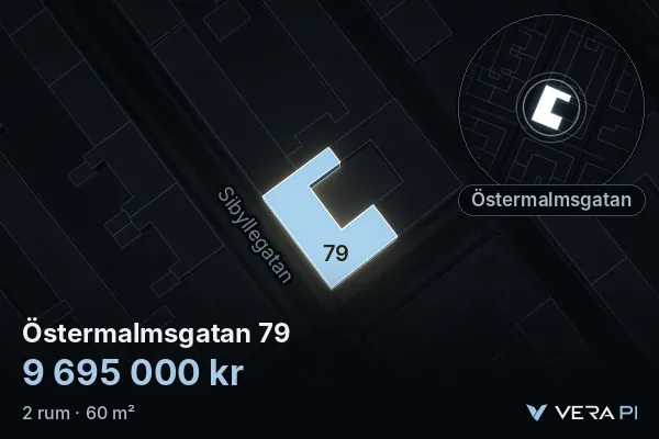 VERA PI:s bild av Östermalmsgatan 79: huset i 3D, upplyst i blått, och kartan runt omkring
