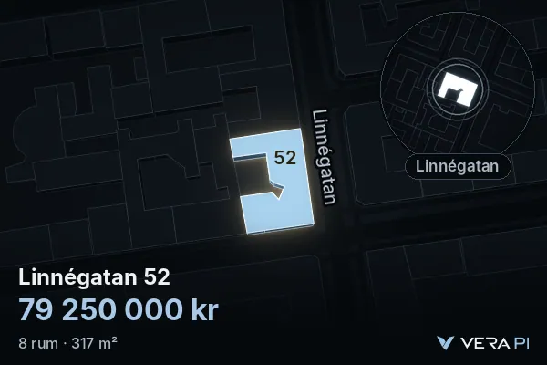 VERA PI:s bild av Linnégatan 52: huset i 3D, upplyst i blått, och kartan runt omkring