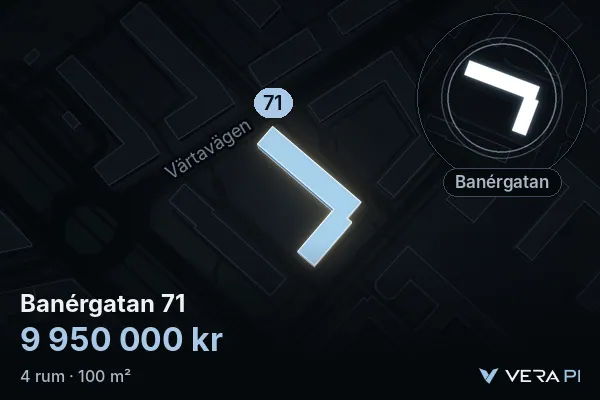 VERA PI:s bild av Banérgatan 71: huset i 3D, upplyst i blått, och kartan runt omkring