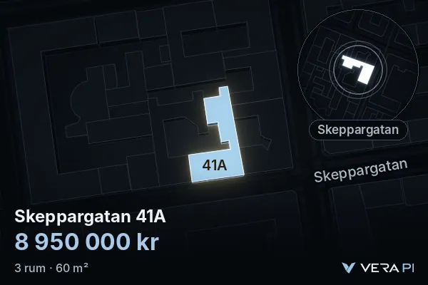 VERA PI:s bild av Skeppargatan 41A: huset i 3D, upplyst i blått, och kartan runt omkring