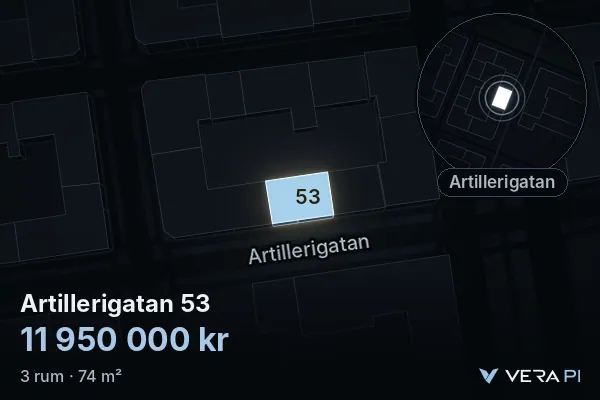 VERA PI:s bild av Artillerigatan 53: huset i 3D, upplyst i blått, och kartan runt omkring