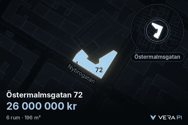 VERA PI:s bild av Östermalmsgatan 72: huset i 3D, upplyst i blått, och kartan runt omkring