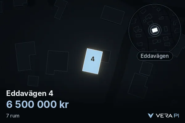 VERA PI:s bild av Eddavägen 4: huset i 3D, upplyst i blått, och kartan runt omkring