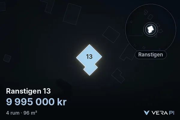 VERA PI's image of Ranstigen 13: the building in 3D, lit in blue, and the map around it