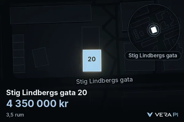 VERA PI:s bild av Stig Lindbergs gata 20: huset i 3D, upplyst i blått, och kartan runt omkring