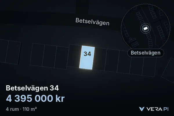VERA PI:s bild av Betselvägen 34: huset i 3D, upplyst i blått, och kartan runt omkring