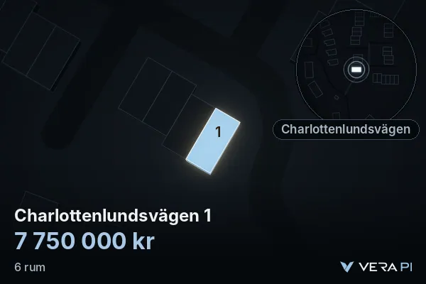 VERA PI:s bild av Charlottenlundsvägen 1: huset i 3D, upplyst i blått, och kartan runt omkring