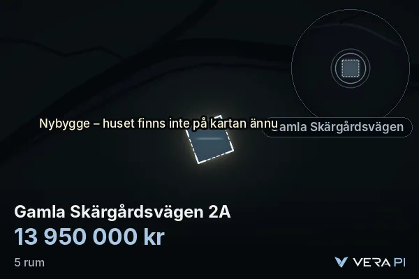VERA PI's image of Gamla Skärgårdsvägen 2A: the building in 3D, lit in blue, and the map around it