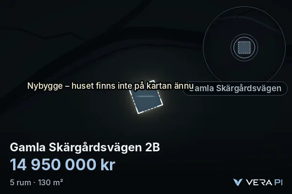VERA PI's image of Gamla Skärgårdsvägen 2B: the building in 3D, lit in blue, and the map around it