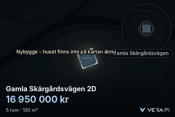 VERA PI's image of Gamla Skärgårdsvägen 2D: the building in 3D, lit in blue, and the map around it
