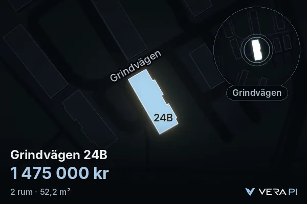VERA PI's image of Grindvägen 24B: the building in 3D, lit in blue, and the map around it