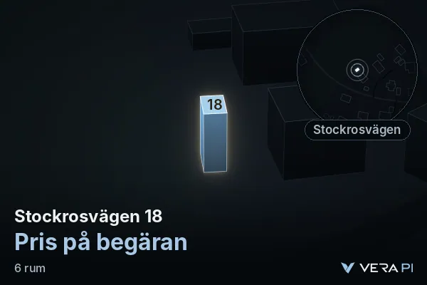 VERA PI's image of Stockrosvägen 18: the building in 3D, lit in blue, and the map around it