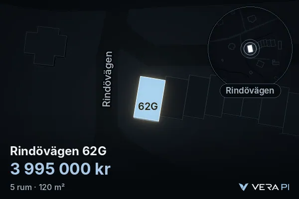 VERA PI:s bild av Rindövägen 62G: huset i 3D, upplyst i blått, och kartan runt omkring