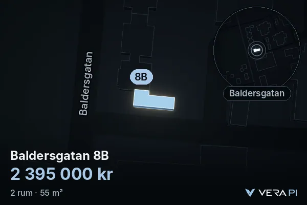 VERA PI's image of Baldersgatan 8B: the building in 3D, lit in blue, and the map around it