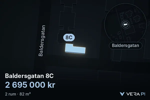 VERA PI:s bild av Baldersgatan 8C: huset i 3D, upplyst i blått, och kartan runt omkring